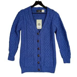 New The Irish Store Aran Boyfriend Cardigan Sweater Knit Merino Wool Blue - S
